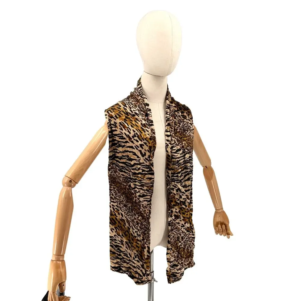 Vintage 90s Brown Tan Animal Leopard Print Crushed Velvet 2 Ply Long Scarf